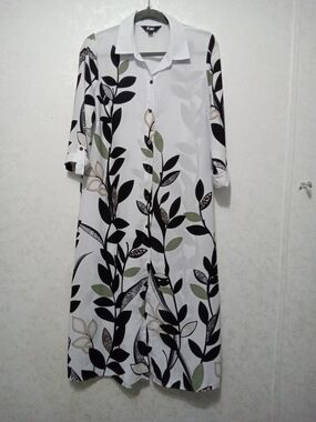 Slim Factor by Investments Leaf Print Button-Front Maxi Tunic Shirt Dress, Small
